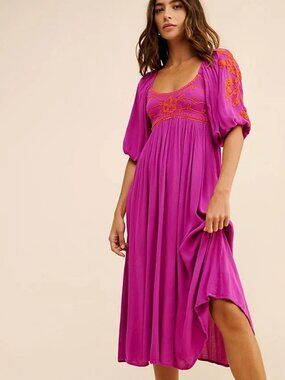 Free People Wedgewood Maxi Dress Purple With Orange Embroidery- NWT
